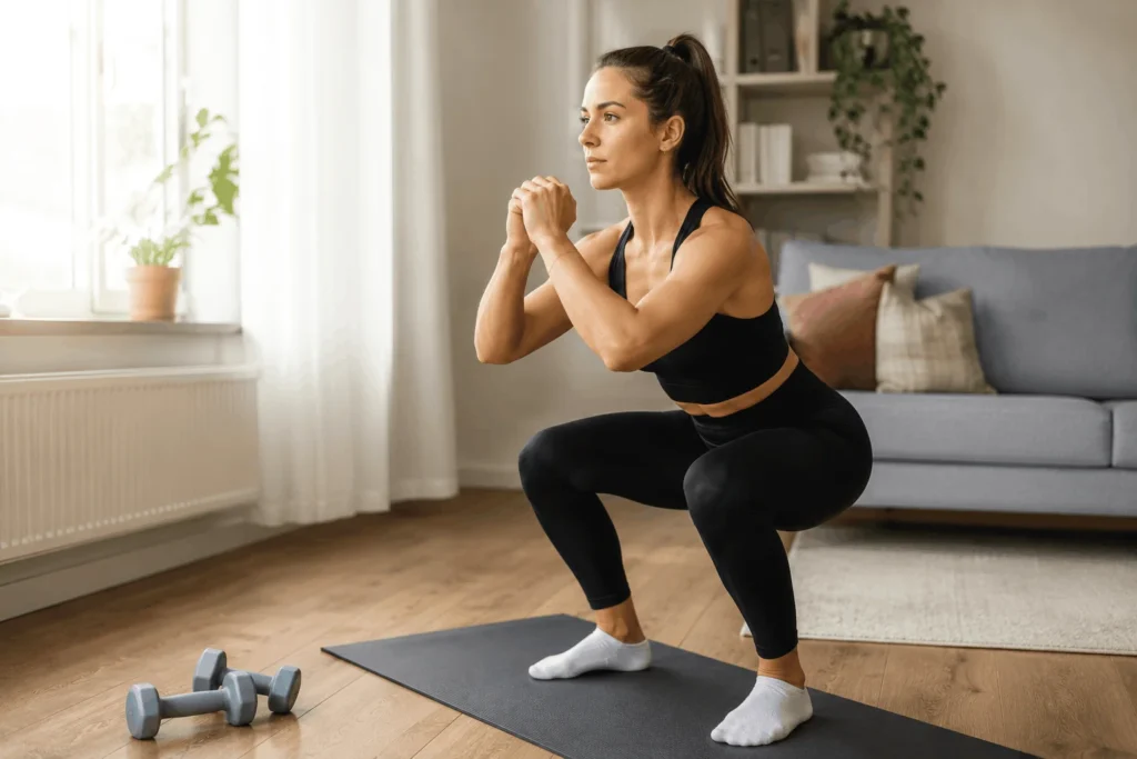 Person performing a bodyweight squat during a home workout as part of a 28 day workout challenge