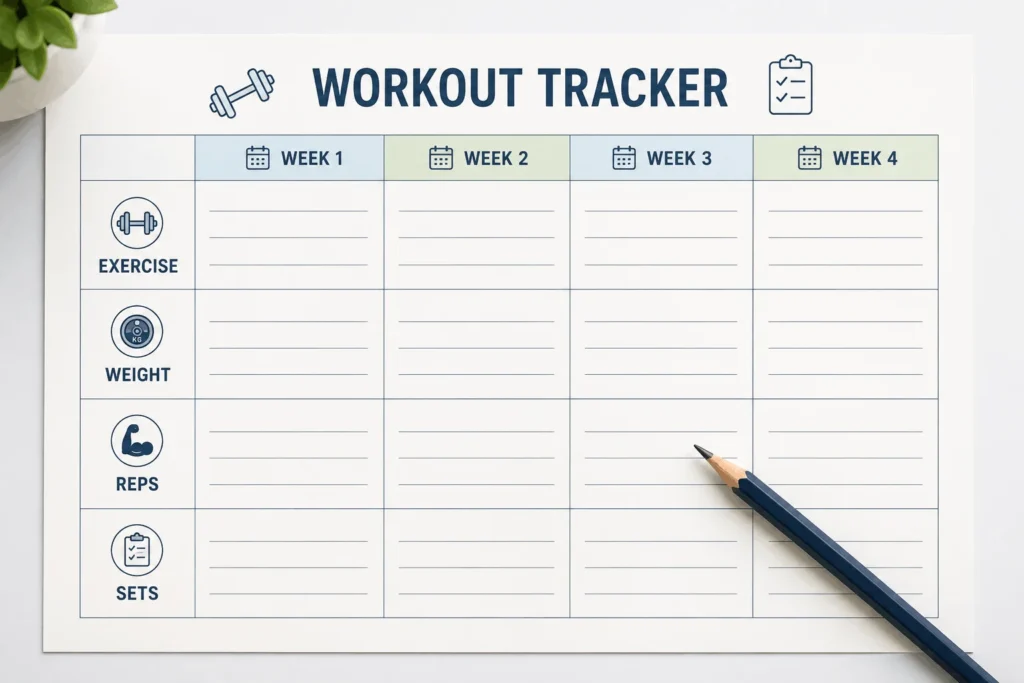 Printable weekly tracking chart for logging weight, reps, and sets across a 28 day workout challenge