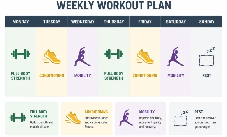 Weekly calendar showing strength, conditioning, mobility, and rest days for a 28 day workout challenge