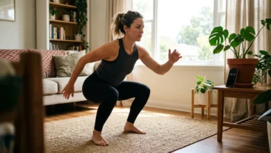 30 Minute Full Body Workout (No Equipment Needed) 28 woman doing a 30 minute full body workout at home