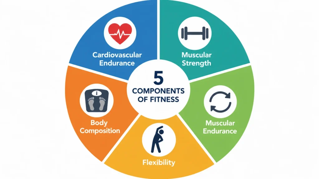Circular diagram illustrating the 5 components of fitness: cardiovascular endurance, muscular strength, muscular endurance, flexibility, and body composition