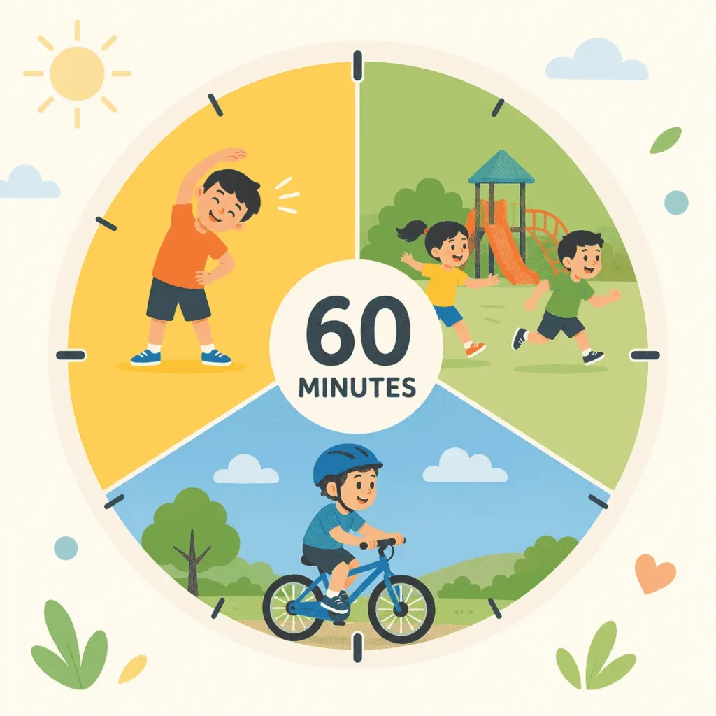 Infographic showing 60 minutes physical activity for kids with stretching, playground play, and an evening bike ride.
