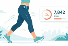 Flat vector illustration of a person walking with a clip-on pedometer attached to their waistband. A floating fitness dashboard displays 7,842 steps with a circular progress indicator, symbolizing daily activity tracking in a clean, modern wellness app style