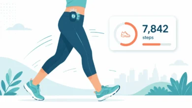 Flat vector illustration of a person walking with a clip-on pedometer attached to their waistband. A floating fitness dashboard displays 7,842 steps with a circular progress indicator, symbolizing daily activity tracking in a clean, modern wellness app style