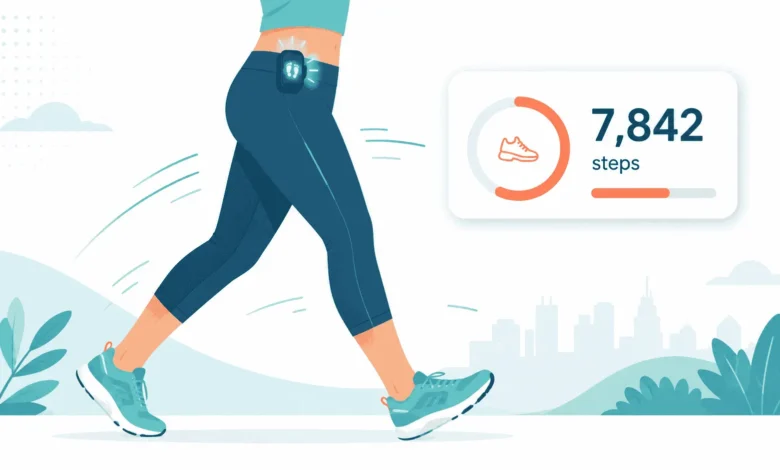 Flat vector illustration of a person walking with a clip-on pedometer attached to their waistband. A floating fitness dashboard displays 7,842 steps with a circular progress indicator, symbolizing daily activity tracking in a clean, modern wellness app style