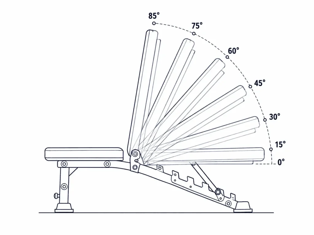 "REP Fitness bench Nighthawk backrest positions diagram — technical side-view showing seven adjustable angles at 0°, 15°, 30°, 45°, 60°, 75°, and 85° from a single pivot point"