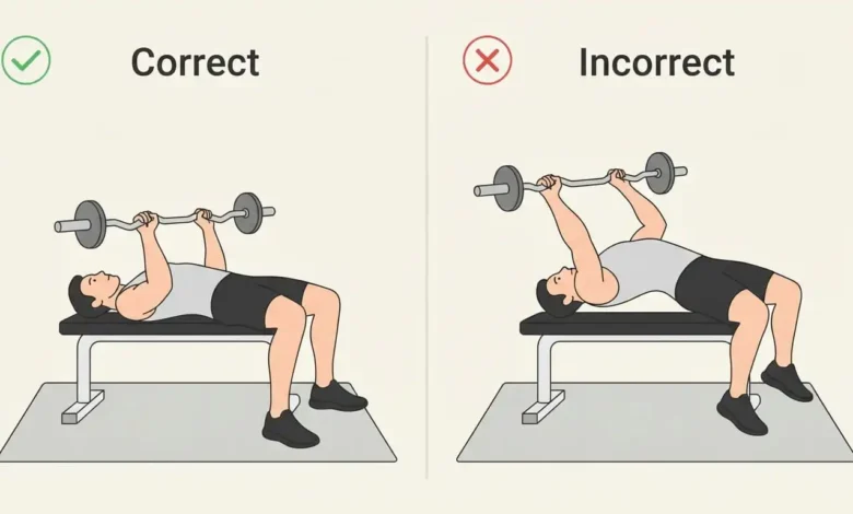 Correct vs incorrect skull crusher form for avoiding arm day workout mistakes
