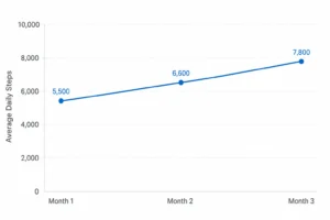 Line chart showing average daily steps increasing from 5,500 in Month 1 to 7,800 in Month 3 with labeled data points and a gradual upward trend