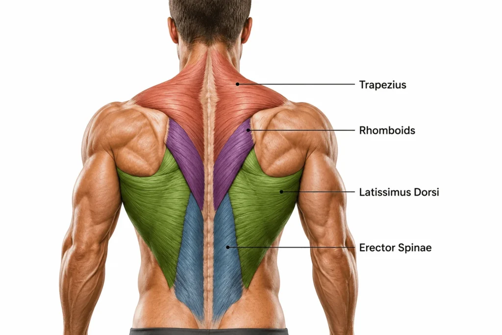 Diagram of back muscles targeted in a back workout with dumbbells, including lats, traps, rhomboids, and erector spinae