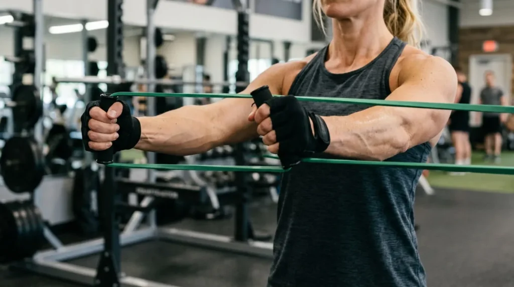 Resistance band pull apart movement used in scapular stabilization exercises for shoulder blade strength