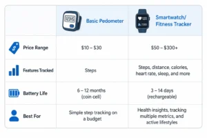 Comparison table showing the differences between a basic pedometer and a smartwatch fitness tracker, including price range, tracked features, battery life, and best use cases.