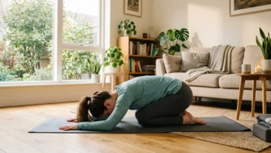 Woman doing child's pose, one of the best yoga poses for back pain