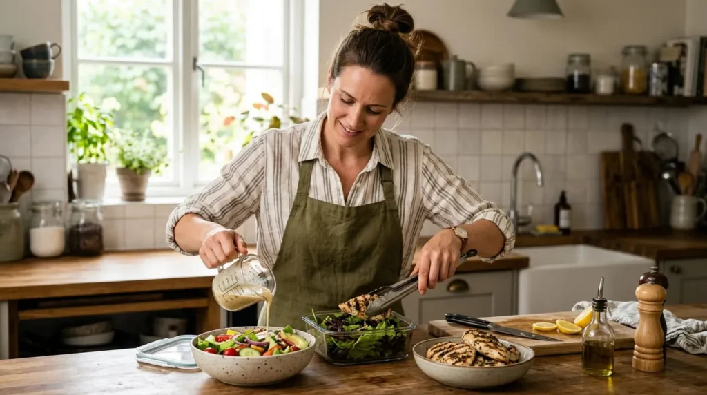 Portioning ingredients to manage salad calories at home