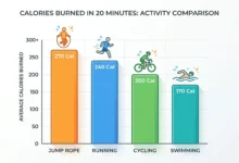 "Calorie comparison chart — jump rope vs running vs cycling vs swimming calories burned in 20 minutes"