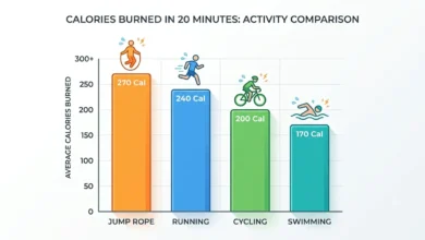 "Calorie comparison chart — jump rope vs running vs cycling vs swimming calories burned in 20 minutes"