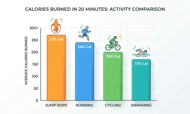"Calorie comparison chart — jump rope vs running vs cycling vs swimming calories burned in 20 minutes"