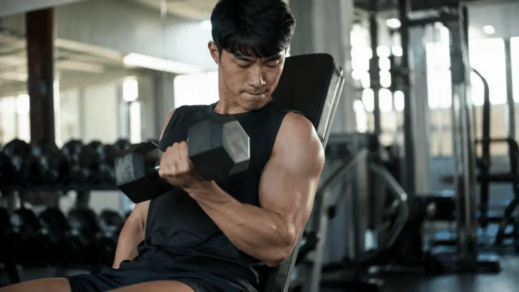 Person performing a dumbbell bicep curl during an arm day workout on an incline bench