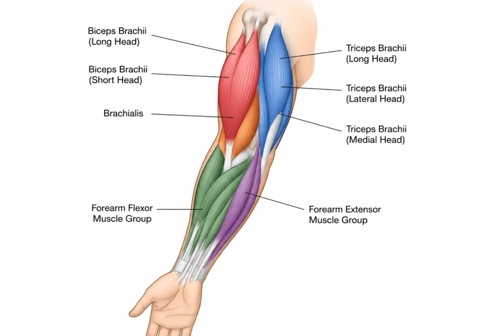 Diagram of arm muscles worked during an arm day workout, showing biceps, triceps, brachialis, and forearm muscles