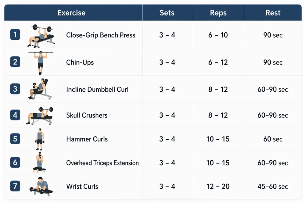 Arm day workout table showing exercises, sets, reps, and rest times for biceps, triceps, and forearms