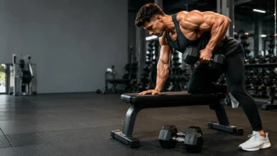 Back Workout With Dumbbells 13 Athlete performing a one-arm dumbbell row on a flat bench in a modern gym to strengthen the back muscles with proper form.