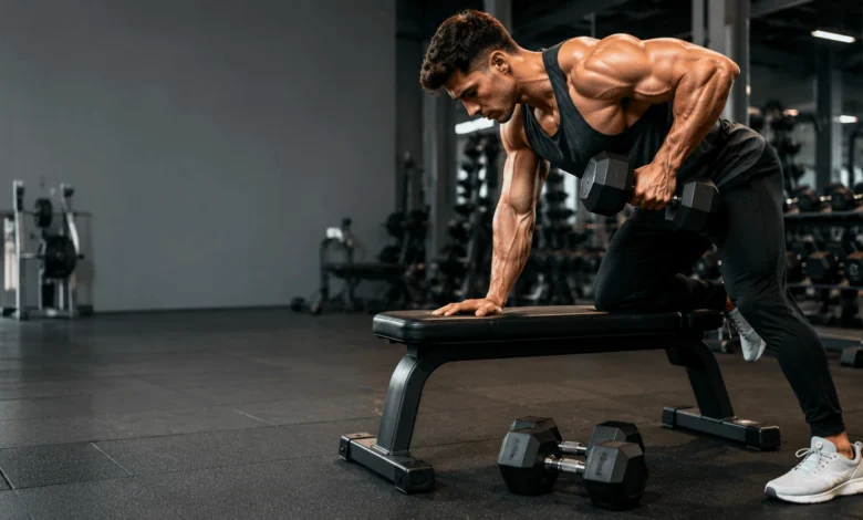 Athlete performing a one-arm dumbbell row on a flat bench in a modern gym to strengthen the back muscles with proper form.