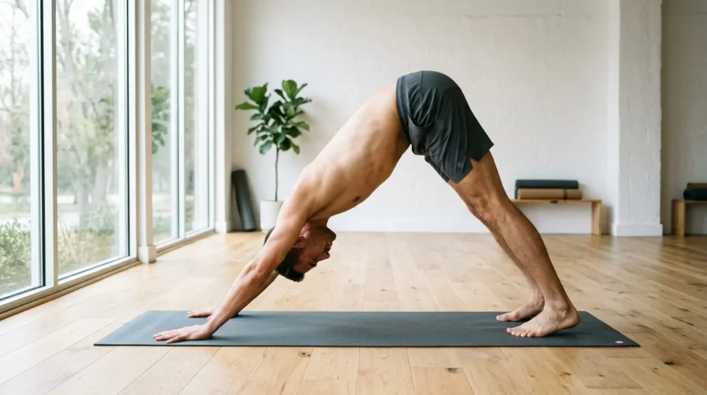 Man in downward-facing dog, a yoga pose for back pain relief