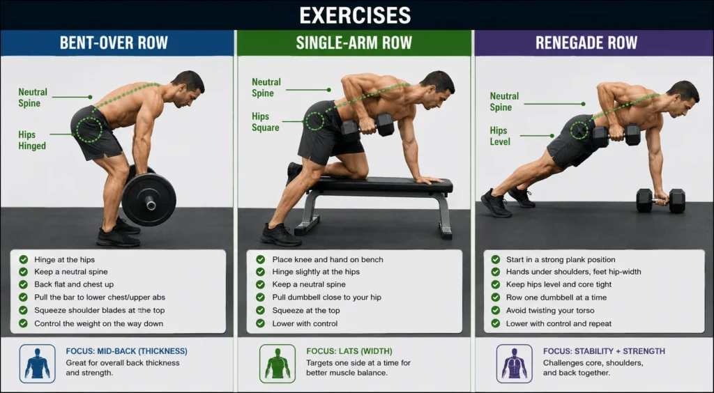 Correct form for bent-over row, single-arm row, and renegade row in a back workout with dumbbells