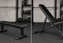 Side-by-side comparison of a flat weight bench and an adjustable weight bench with a visible backrest adjustment ladder in a home gym.