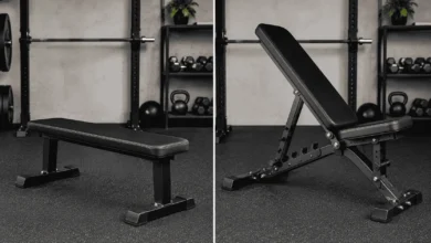 Side-by-side comparison of a flat weight bench and an adjustable weight bench with a visible backrest adjustment ladder in a home gym.