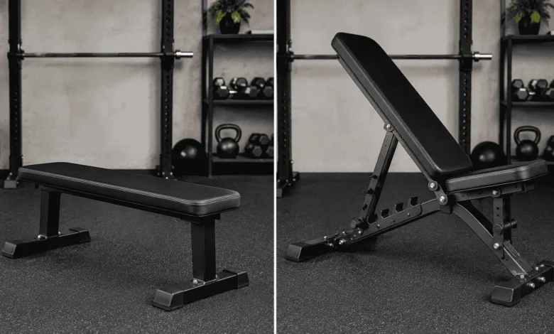 Side-by-side comparison of a flat weight bench and an adjustable weight bench with a visible backrest adjustment ladder in a home gym.