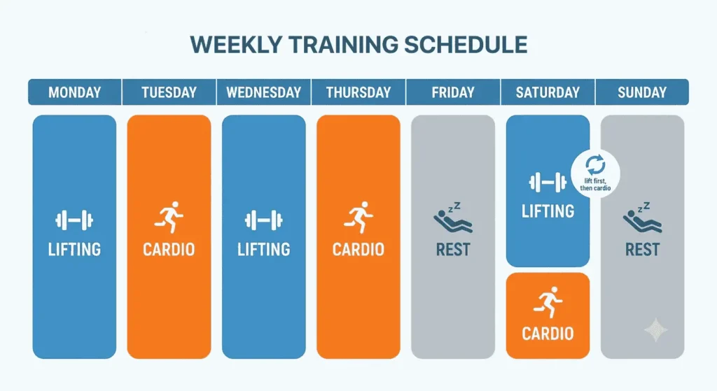 Does Cardio Kill Gains, Or Is That Just Gym Folklore 15 "Weekly training schedule graphic showing lifting, cardio, and rest days spaced apart to avoid interference with gains"