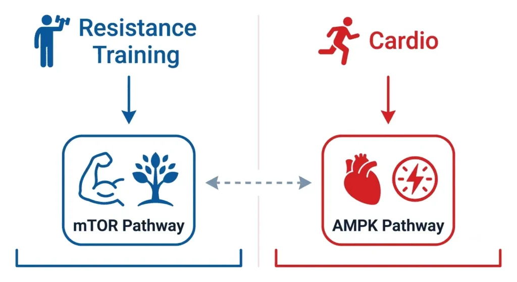 Does Cardio Kill Gains, Or Is That Just Gym Folklore 14 "mTOR vs AMPK pathway diagram — how resistance training and cardio signal muscle growth and interfere with gains"