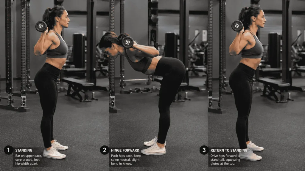 Three variations of the good morning exercise shown side by side — dumbbell good morning, seated good morning on a bench, and banded good morning using resistance band.
