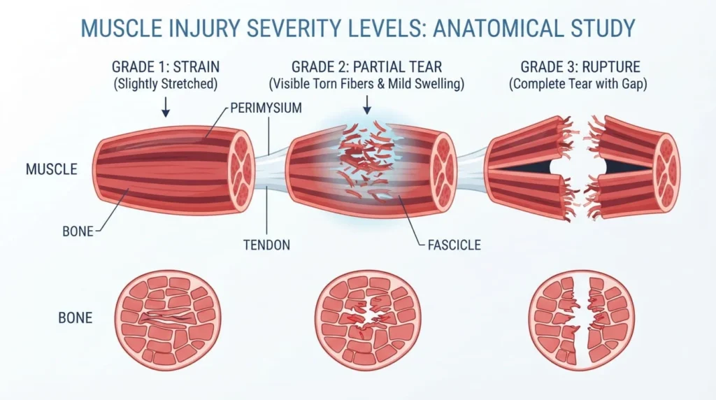 Illustration comparing grade 1, grade 2, and grade 3 muscle strain severity showing stretched, partially torn, and fully ruptured muscle fibers