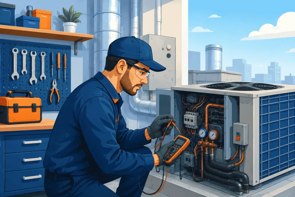 HVAC Training Guide: Courses, Costs, and Careers 14 HVAC technician inspecting a rooftop air conditioning unit with exposed ductwork and control panel in a modern workshop setting.