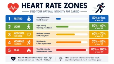 Heart rate zone chart showing cardio intensity levels and target heart rate percentages.