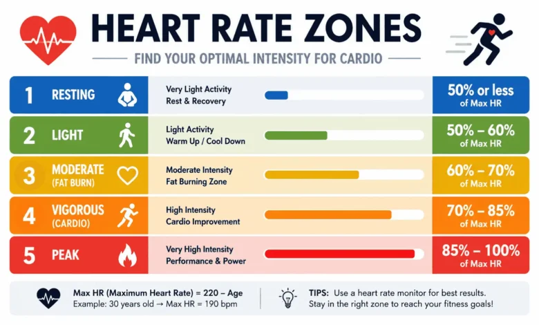 Heart rate zone chart showing cardio intensity levels and target heart rate percentages.