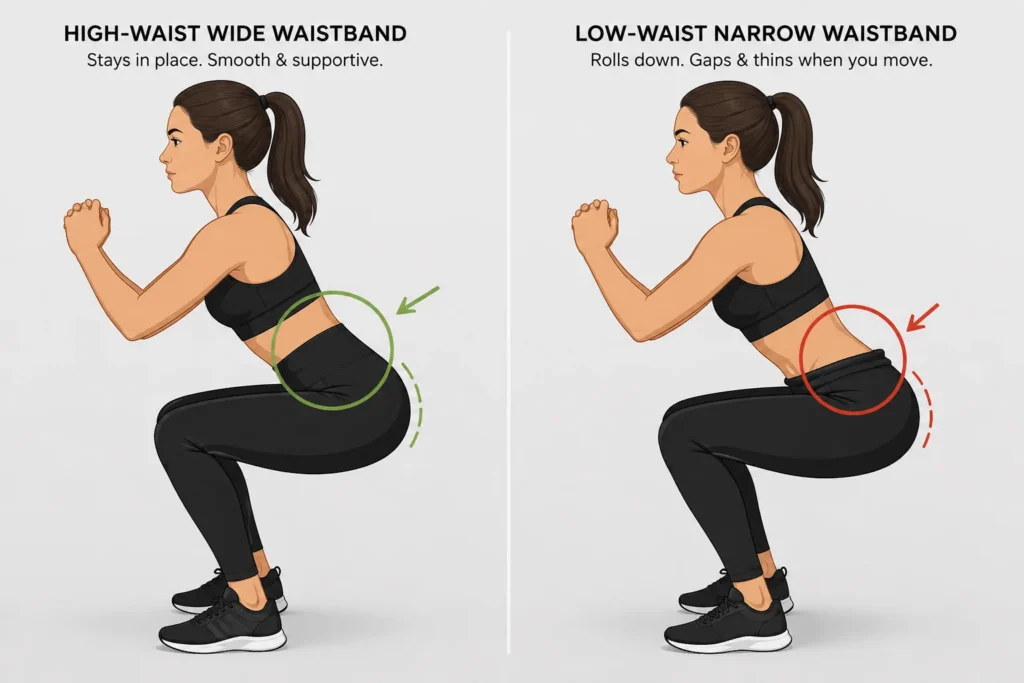 Diagram comparing a high wide waistband staying in place versus a narrow waistband rolling down