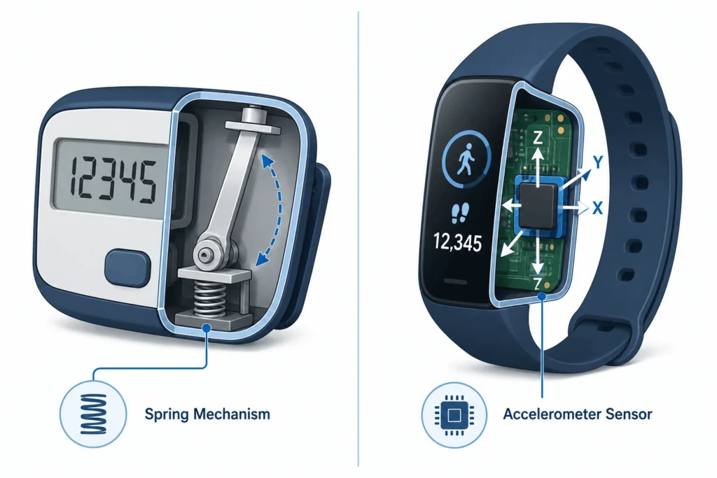 Illustration comparing a basic pedometer with a spring mechanism and a smartwatch fitness tracker using an accelerometer sensor to count daily steps