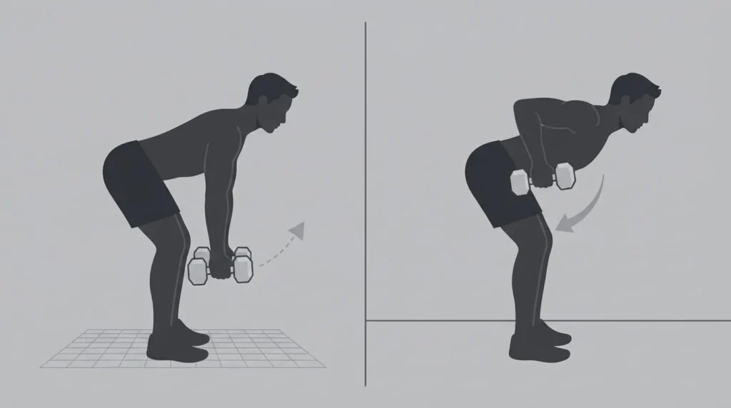 Upper Body Dumbbell Workout: Build Strength Fast 15 Starting and finishing position of the bent-over dumbbell row, a key back exercise in an upper body dumbbell workout