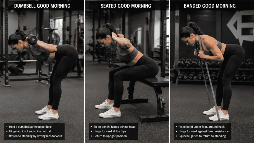 Woman demonstrating the three steps of a good morning exercise with a dumbbell — standing position, hip-hinge forward, and returning to standing.