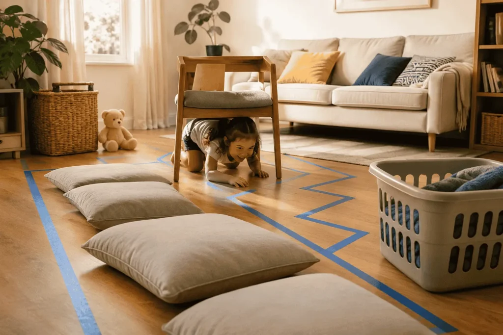 Child completing an indoor physical activities obstacle course using couch cushions, tape paths, and a chair in a cozy living room