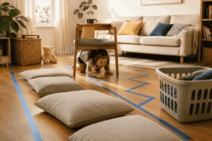 Child completing an indoor physical activities obstacle course using couch cushions, tape paths, and a chair in a cozy living room