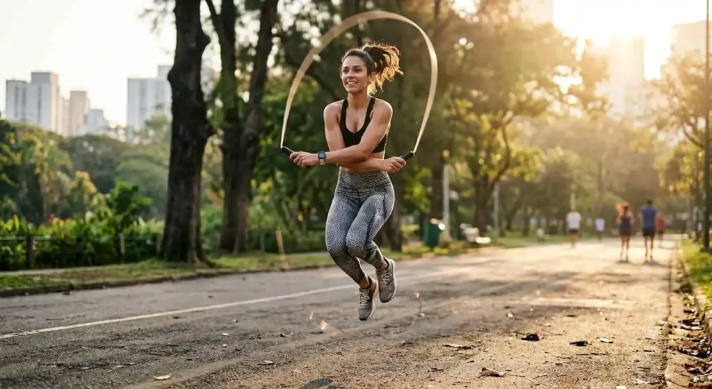 "Is jump rope good cardio — person mid-jump with rope in motion during an outdoor workout"