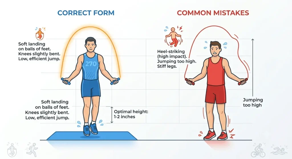 "Jump rope technique comparison — correct form landing on balls of feet versus common mistakes like heel-striking"