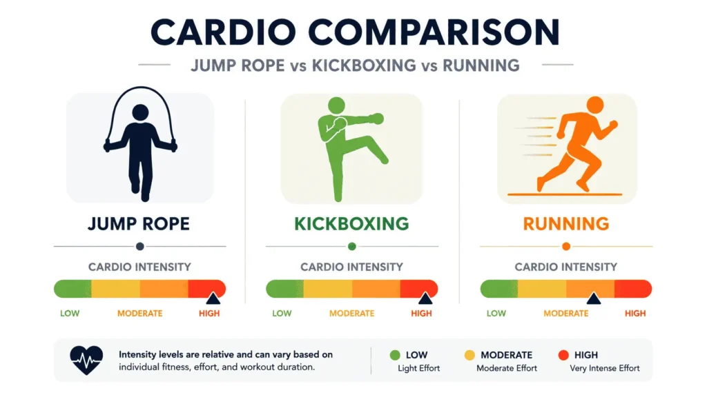 "Jump rope vs kickboxing vs running cardio intensity comparison chart — best sports for cardio fitness"