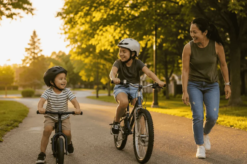 Family enjoying kids physical activity with a child on a balance bike, sibling cycling, and parent walking on a sunny park path.