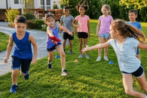 A group of children ages 6–10 enjoying a relay race in a sunny backyard, passing a beanbag between teammates with a colorful hopscotch grid in the background
