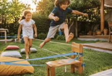 Two children aged 5–9 laughing and playing on a homemade backyard obstacle course, with tape lines and cushions on the grass in warm golden afternoon sunlight, promoting active outdoor play and family fun
