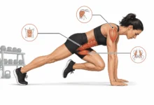 Side-view anatomical illustration of a person performing a mountain climber exercise in a high plank position with shoulders, core muscles, and hip flexors highlighted for educational fitness guidance